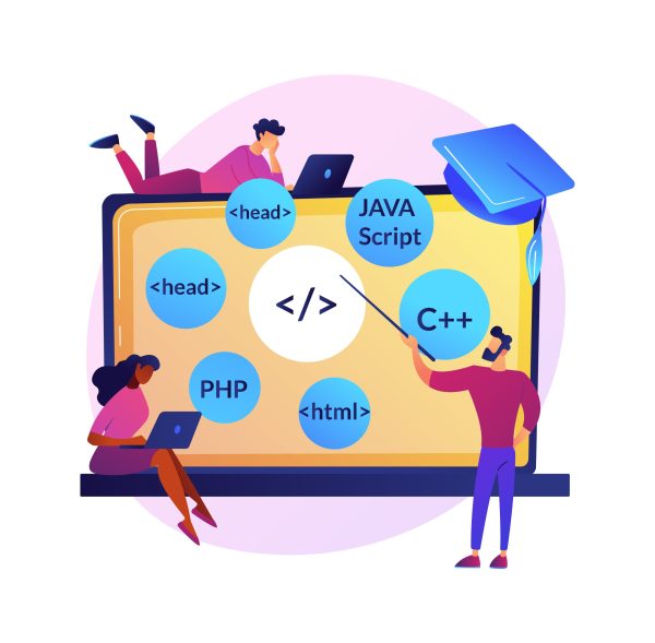 Programming languages learning. Software coding courses, website development class, script writing. IT programmers cartoon characters. Vector isolated concept metaphor illustration.