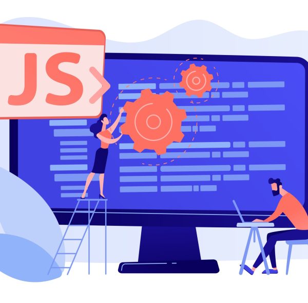 Programmers using JavaScript programming language on computer, tiny people. JavaScript language, JavaScript engine, JS web development concept. Pinkish coral bluevector isolated illustration